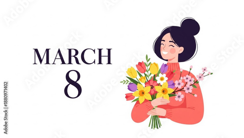 Young woman holding bouquet of flowers celebrating March 8  