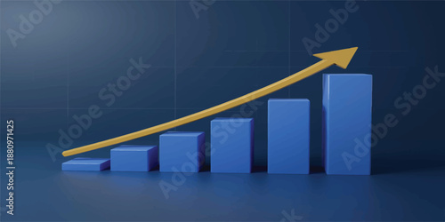 A blue 3D financial bar chart with an upward arrow illustrates successful market growth and progress in this vector data report showing a profit increase