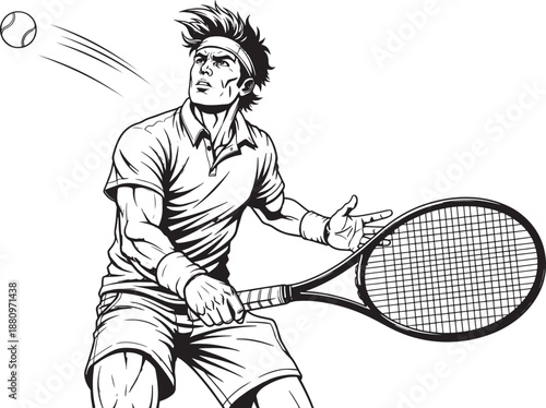 Action Vector Illustration of a Male Tennis Player Hitting a Powerful Forehand Shot with a Racket and Ball, Dynamic Sports Concept Vector