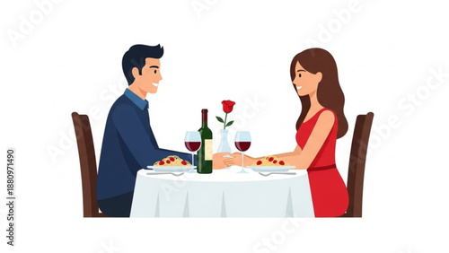 Couple enjoying romantic dinner with wine and flower on table for valentine's day  