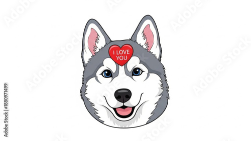 Happy husky dog with heart saying "I love you" for Valentine's Day  