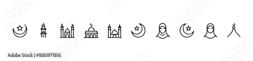 Islamic symbols collection with mosque moon star and hijab icons for ramadan and eid celebrations