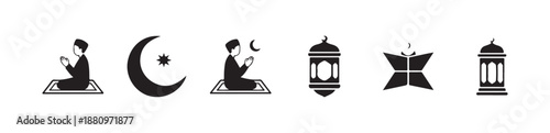 Ramadan kareem set flat icons. holy month religion traditions, islam symbols collection