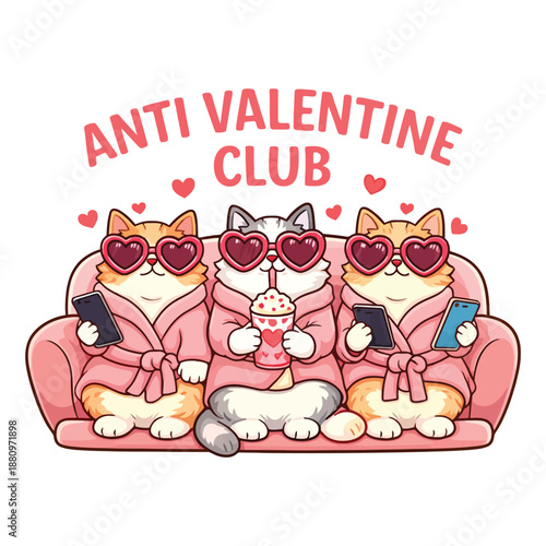 Anti Valentine Club Cute Cats in Pink Robes Celebrating Self Love Illustration