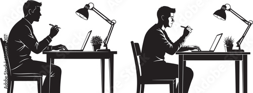 Vector Illustration of a Man Working on a Laptop at a Desk with a Lamp, Freelance and Home Office Study Concept Vector