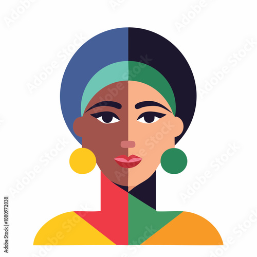 Woman with colorful geometric headscarf portrait.