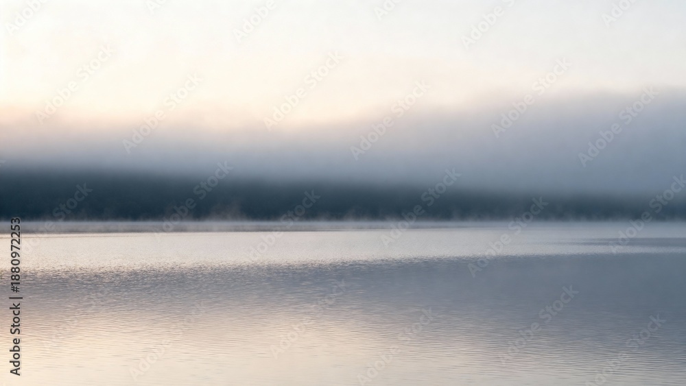 Fototapeta premium Soft fog rises from the calm waters of a lake during early morning hours. Gentle hues of light create a magical and serene scene that invites peaceful thoughts.