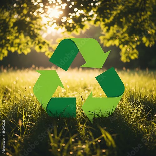 Green Recycling Symbol on Sunny Grass Background