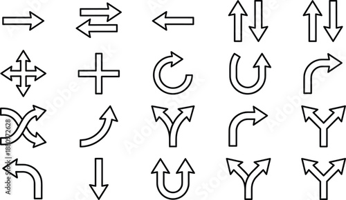 Black and White Line Icons Depicting Directional Arrows for Navigation, Traffic Flow, and Movement in Maps and Flowchart Design