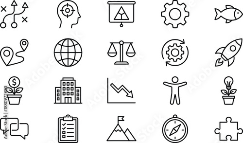 Black and White Line Icons Representing Strategy, Innovation, Sustainability, and Business Concepts for Planning, Growth, and Communication Design