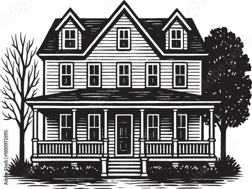 Traditional Two-Story Suburban House Vector Illustration in a Woodcut Style with Trees and Porch, Real Estate Concept Vector