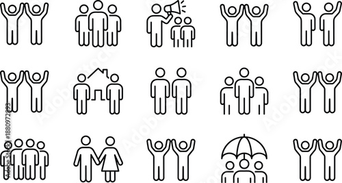 Black and White Line Icons Depicting Social Interaction, Teamwork, and Community for Communication, Unity, and Relationship Design