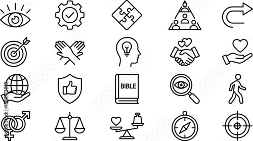 Black and White Line Icons Representing Ethics, Values, and Personal Development for Awareness, Leadership, and Decision-Making Design