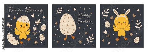 Cute Easter greeting card set with sweet chick characters, decorated eggs, bunny ears, flowers and hearts on dark background, spring holiday illustrations for Easter cards, prints, posters