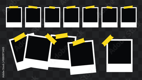 Collection of blank instant photo frames with yellow tape on a transparent background.