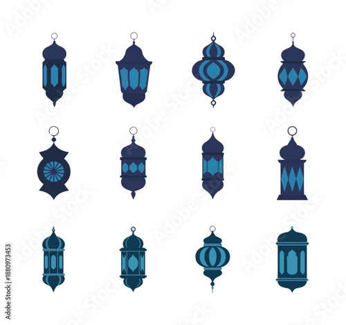 Set of twelve dark blue and light blue ramadan lanterns icons graphic elements for islamic holidays