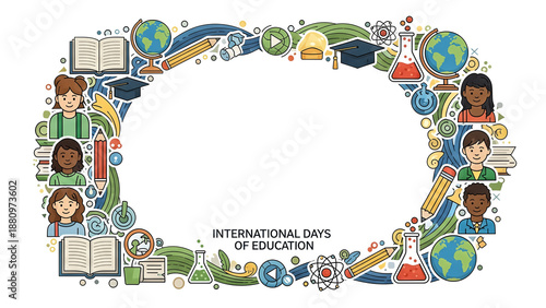 International Education Day illustration featuring diverse students and educational elements around a circular frame