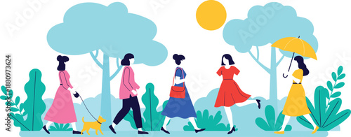 Stylized illustration of diverse women walking in a sunny park with trees, dog, umbrella, and accessories for lifestyle, outdoor, and community themes