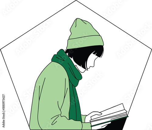 Stylized illustration of a person reading a book in green winter clothing, profile view, minimalist aesthetic, introspective mood, pentagon frame, vector art