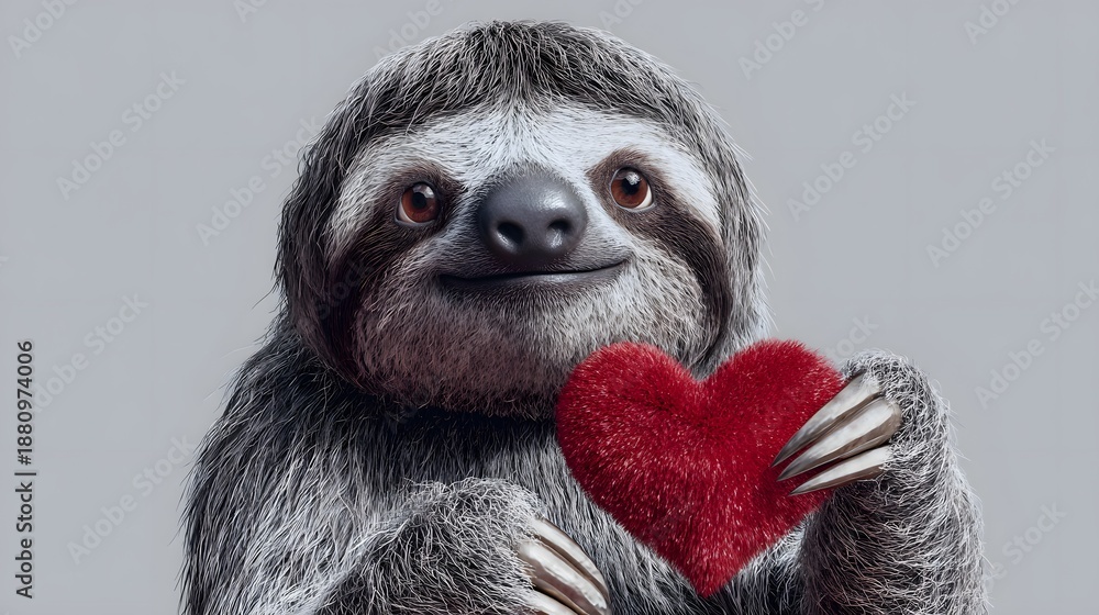 Fototapeta premium Cute cartoon sloth character holding a red heart-shaped plush toy against a light gray background, showcasing a friendly expression and soft fur texture with a whimsical design