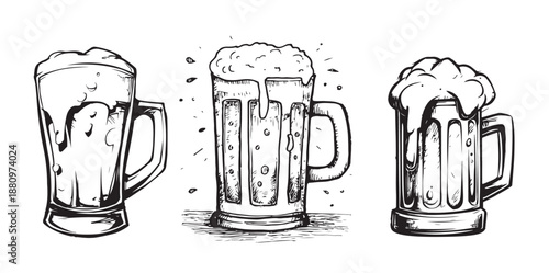 Hand-Drawn Beer Mugs with Frothy Foam Collection