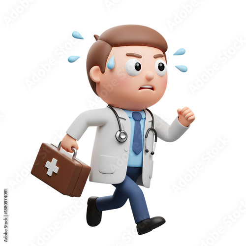Stressed doctor cartoon character running with medical bag