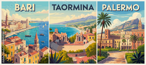 Vintage style travel poster triptych featuring Bari, Taormina, and Palermo with coastal cityscapes and warm Mediterranean colors.