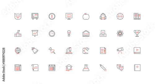 School education and online training line icon set. Backpack, certificate and stationery of student, video lesson study and knowledge, book thin black and red outline symbols vector illustration