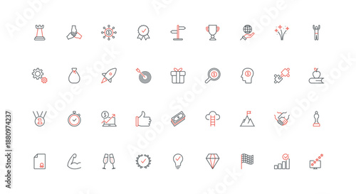 Success goal achievement and effective solution, opportunity line icon set. Racing flag and award, finance bonus of investment, profit growth thin black and red outline symbols vector illustration