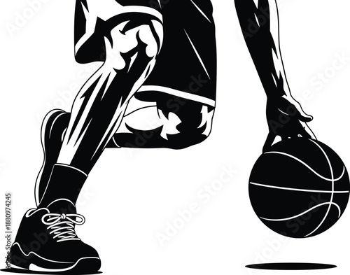 Dynamic basketball player dribbling ball in motion, athletic legs and shoes, black and white sports vector illustration for design