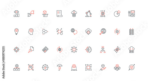 Big data, machine learning, algorithm and structure visualization with AI line icon set. Automatic processes of servers, smart solution and model thin black and red outline symbols vector illustration