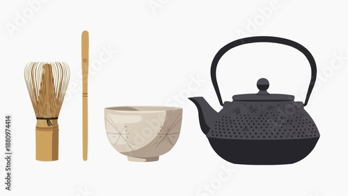 Traditional Japanese Tea Ceremony Set Illustration featuring a Bamboo Whisk, Elegant Tea Bowl, and Classic Cast Iron Teapot for authentic green tea brewing rituals
