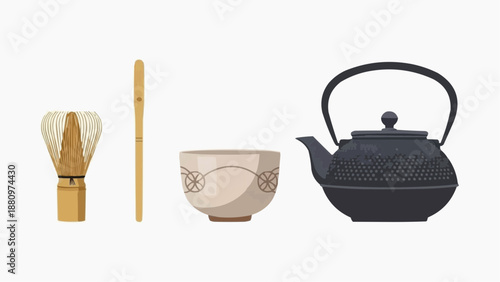 Traditional Japanese tea ceremony utensils including a whisk, scoop, bowl, and teapot