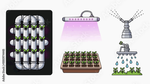 Hydroponic vertical farming systems, plant growth lights, and irrigation equipment for modern agriculture technology