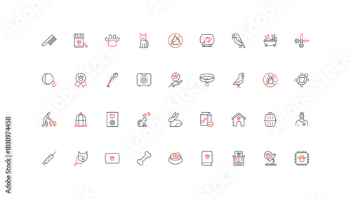 Veterinary, veterinarian shop, pet care accessories and supplies, food line icon set. Grooming, dog and cat cage, carrier and toys, paw footprint thin black and red outline symbols vector illustration