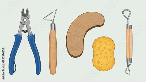 A comprehensive collection of essential handcrafted clay modeling tools, featuring various cutters, shaping instruments, and sponges, perfect for creative sculpting and pottery projects