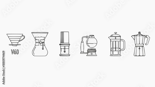 Collection of iconic manual coffee brewing devices for artisanal coffee preparation