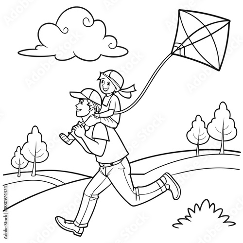 Cute Cartoon Father and Child Flying Kite Coloring Page