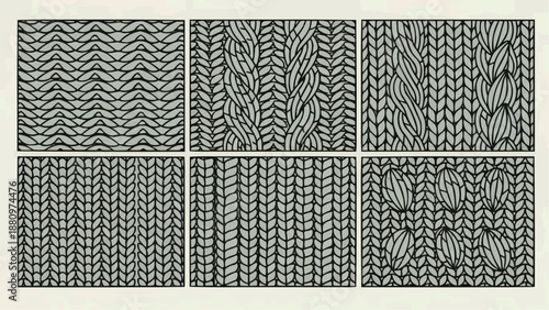 A detailed grid showcasing six distinct knitting patterns, illustrating various stitch designs and textures for textile craft and design projects