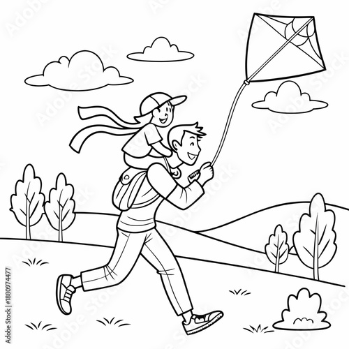 Cute Cartoon Father and Child Flying Kite Coloring Page