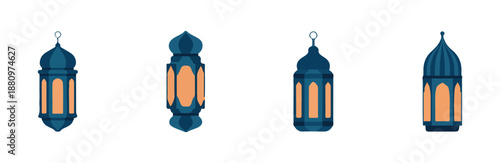 Set of ornate islamic lanterns in blue and orange for festive occasions