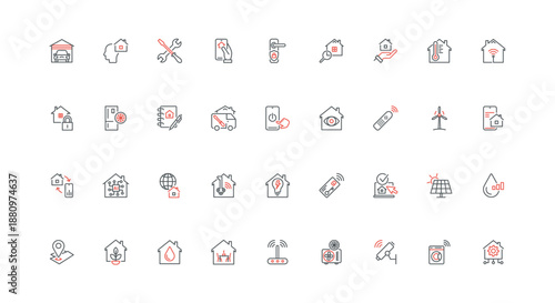Smart home panel automation with mobile app in phone line icon set. Light and energy, conditioning for residential building and garage, door lock thin black and red outline symbols vector illustration