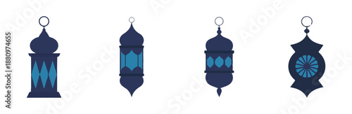 Detailed vector illustration of ornate bulbous dark blue middle eastern fanoos lantern silhouette background white