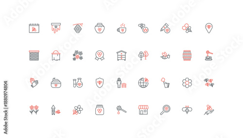 Honey and bee products, farm apiary, honeycomb and beehive, beeswax line icon set. Agriculture farming and beekeeping, flowers and tree, insects thin black and red outline symbols vector illustration