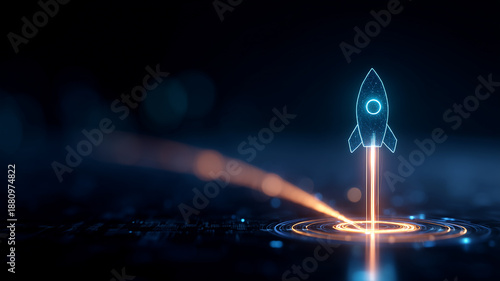 Hologram rocket launching from a target interface, symbolizing business acceleration and innovation driven launch strategy.

