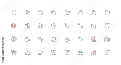 Hot and cold drinks, restaurant bar menu beverages line icon set. Coffee and tea, alcohol and healthy juice, energy drink and kitchen equipment thin black and red outline symbols vector illustration