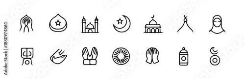 Collection of diverse outline icons representing islamic culture prayer and religious symbols