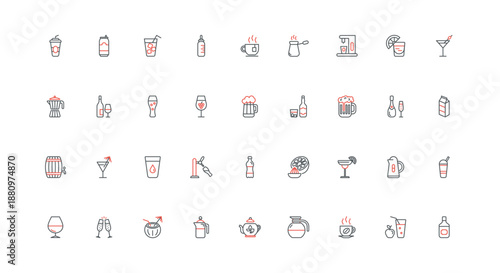 Hot and cold drinks for healthy lifestyle, alcohol bar menu for party line icon set. Water bottle and glass with ice cubes, wine and beer, coffee thin black and red outline symbols vector illustration