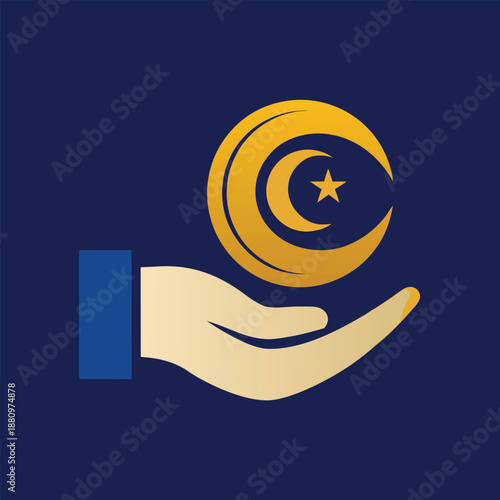 Islamic Zakat Donation Icon with Hand Holding a Coin and Crescent Moon Symbol for Charity Branding