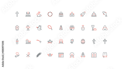 Christian religion, church and chapel, Bible and cross, Easter line icon set. Faith of prayer and missionary, cemetery and gospel thin black and red religious outline symbols vector illustration
